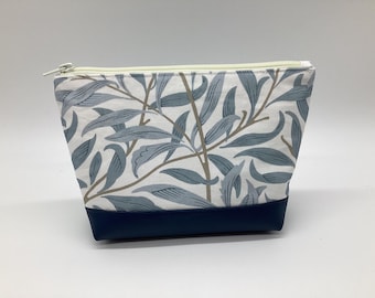 Make up bag in William Morris fabric, Willow Boughs, and faux leather. Water resistant lining. Handbag tidy in blue, navy and white.