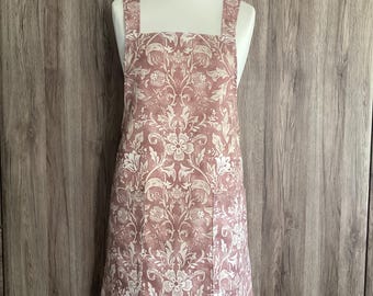 Small, medium, large cross back apron with two pockets. Japanese no tie apron. Floral cotton fabric. Iliv Rococo Rosemist. Pink and white.