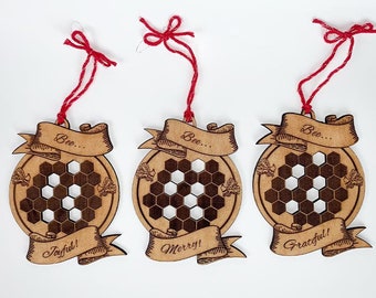 Wooden Honeycomb and Bee Ornaments