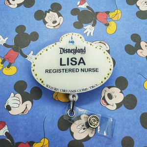 Customized Disneyland Badge Reel Name Tag, Disneyland Lapel Pin, Disneyland Badge, Disneyland Button, Nurse Badge Reel, Badge Holder