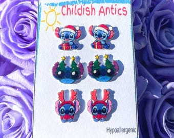 Stitch Christmas Earrings, Lilo and Stitch Earrings, Ohana, Stitch Gift, Disney Stud Earrings, Disney Jewelry, Hypoallergenic