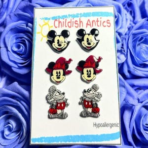 Halloween Mickey and Minnie Earrings, Mummy Mickey, Disney Stud Earrings, Vampire Mickey, Witch Minnie, Hypoallergenic