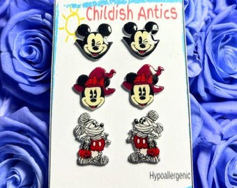 Halloween Mickey and Minnie Earrings, Mummy Mickey, Disney Stud Earrings, Vampire Mickey, Witch Minnie, Hypoallergenic