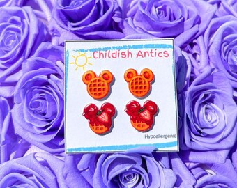 Mickey Waffle Earrings, Disney Parks Food, Disney Stud Earrings, Disney Jewelry, Disney Necklace, Hypoallergenic