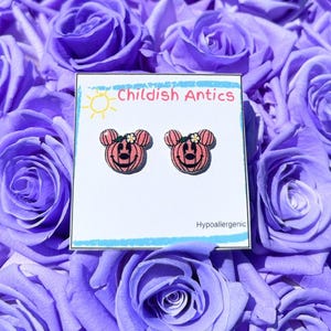 Pink Halloween Minnie Earrings, Pink Pumpkin Mickey and Minnie, Disney Stud Earrings, Disney Jewelry, Disney Necklace, Hypoallergenic