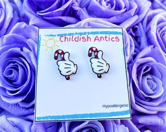 Mickey Candy Cane Christmas Earrings, Mickey Hands, Disney Stud Earrings, Disney Jewelry, Disney Necklace, Hypoallergenic