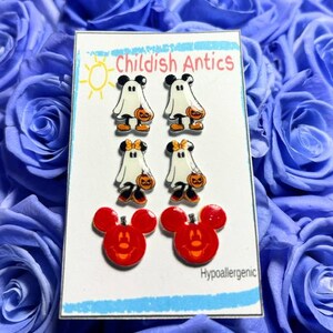 Halloween Mickey and Minnie Earrings, Pumpkin Mickey and Minnie, Disney Stud Earrings, Disney Jewelry, Disney Necklace, Hypoallergenic