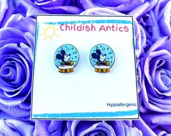 Mickey Snowglobe Christmas Earrings, Disney, Disney Stud Earrings, Disney Jewelry, Disney Necklace, Hypoallergenic