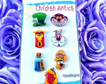 Alice in Wonderland Earrings, Cheshire Cat, Drink Me, Mad Hatter, Disney Stud Earrings, Disney Jewelry, Disney Necklace, Hypoallergenic