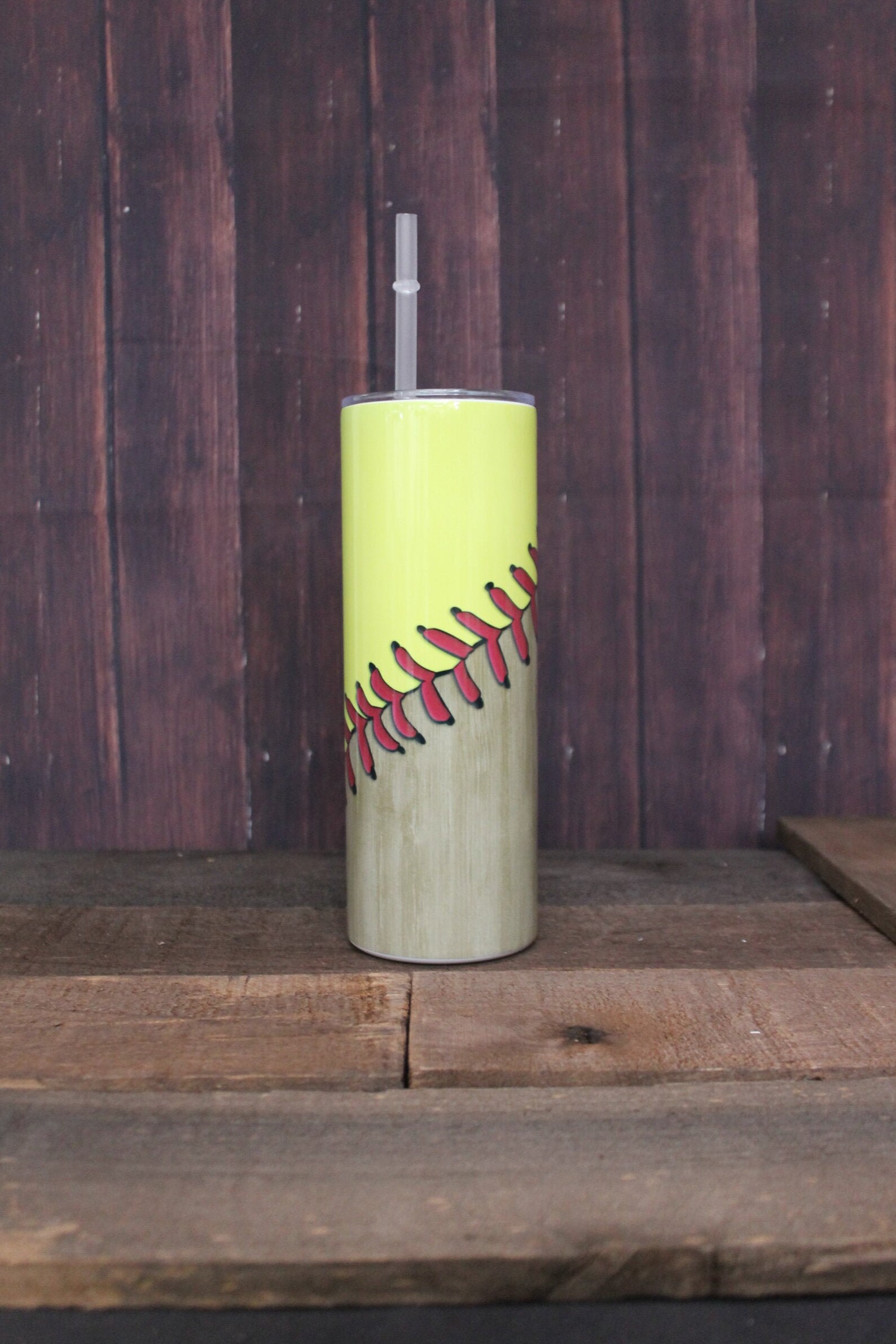 20 Oz Skinny Softball Tumbler With Strawneon Yellow Softball Etsy