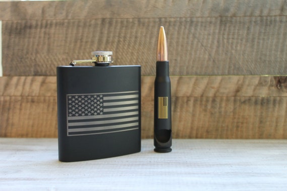 Engraved American Flag Matte Black Stainless Steel Flask and 50 Caliber Bottle Opener Set