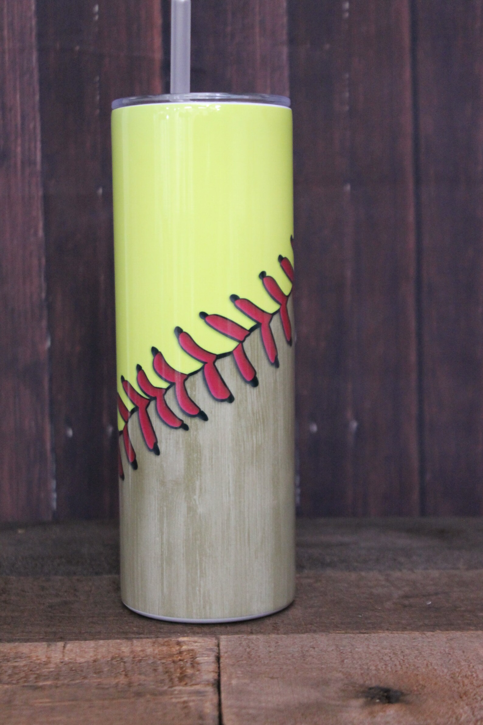20 Oz Skinny Softball Tumbler With Strawneon Yellow Softball Etsy