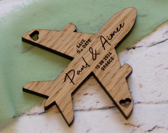 Aeroplane Fridge Magnet SAVE THE DATE Wedding, Wooden Magnet, Travel Aeroplane Invitation for Abroad Wedding, Italy Greece Any Country