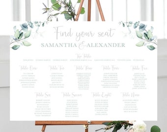 PRINTED A1 or A2 Wedding Table Plan Sign, Eucalyptus Green Leaves Theme, THICK board for Easel, Barn Rustic Table Plan Board