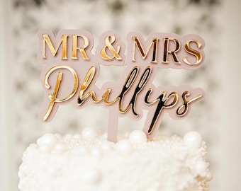 Acrylic Wedding Cake Topper, Personalised Mr and Mrs Mirror Acrylic Cake Decor, Customised Cake Decoration