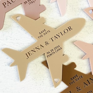 Aeroplane Fridge Magnet SAVE THE DATE Destination Abroad Wedding, Acrylic Plastic, Travel Airplane Invitation, Cyprus Italy Greece, Any Text