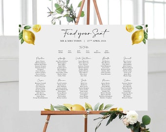 PRINTED Wedding Table Plan Sign, Landscape Lemon Design with Black Script Text, Italy Seating Chart, THICK board for Easel