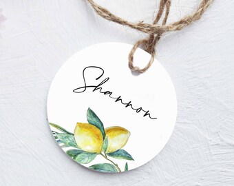 Round Name Tags Lemon and Olive Tree with Black Script, Personalised Wedding Tags, Circle Place Name Cards, Gift Name Cards, Wedding Favours