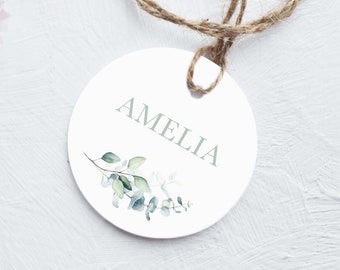 Round Name Tags, Personalised Wedding Tags, Circle Place Name Cards, Gift Name Cards, Wedding Hen Favour Tags, Eucalyptus Green Leaf