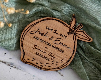 Lemon Wooden Fridge Magnet SAVE THE DATE for Wedding, Engraved Wedding Save the Date / Invitation for Destination Italy Wedding