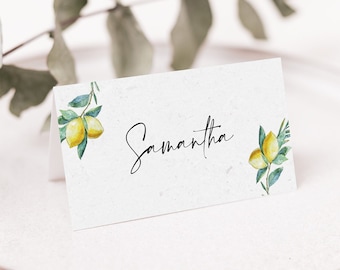 Personalised Folded Wedding Guest Place Name Cards, Italian Lemons Olive Branch Eucalyptus, Guest Name Cards