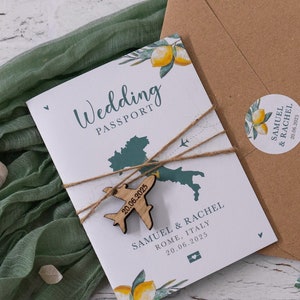 ANY COUNTRY - Lemon Wedding Passport Invitation, Floral Olive Green Travel Invite, Aeroplane Luggage Tag, Destination Wedding in Italy