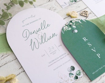 ARCH Wedding Invitation Set, Eucalyptus Green Leaves with Gold Daisy Design, Sage and Dark Green, Upper Arch, Invite and RSVP