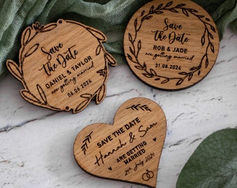 Wooden Fridge Magnet SAVE THE DATE for Wedding, Personalised Heart Shape or Wreath, Engraved Wedding Save the Date / Invitation