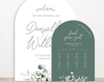 ARCH A1 or A2 Wedding Welcome Sign and Table Plan Set, Eucalyptus Green Leaves with Gold Daisy Design, Sage and Dark Green, Upper Arched