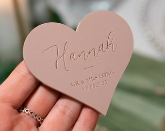Acrylic Wedding Guest Names, Personalised Guest Place Names - Dusky Pink Matt Acrylic or Wood - Engraved Names - Arch, Round, Heart