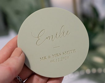 Acrylic Wedding Guest Names, Personalised Guest Place Names - Sage Green Matt Acrylic or Wood - Engraved Names - Arch, Round, Heart