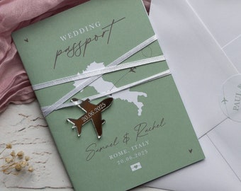 Passport Wedding Invitation, Sage Green Aeroplane Travel Invite with Acrylic Plane Charms, Destination Abroad (Italy/any country available)