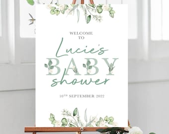 PRINTED A1, A2, A3 Baby Shower Welcome Sign, Neutral Sage Green Eucalyptus Green Leaves and White Roses, Display Board for Easel or Poster