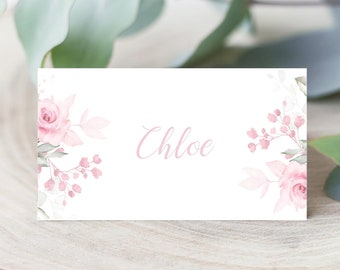 Personalised Floral Pink Roses Theme, Folded Wedding Place Name Cards, Wedding Guest Names, Pink Flowers Name Cards
