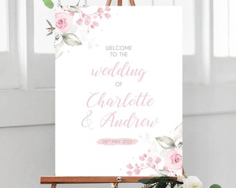 PRINTED A1, A2 or A3 Thick Board, Welcome to our Wedding Sign, Floral Pink Roses Theme, Thick Display Board for Easel