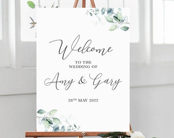 PRINTED A1, A2, A3 Thick Board or Poster, Welcome to our Wedding Sign, Eucalyptus Green Leaves with Black Text, Display Board for Easel