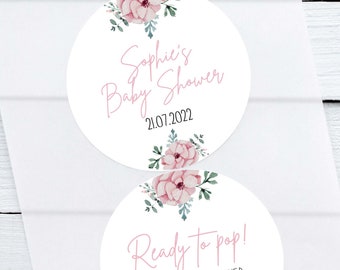 ANY TEXT Baby Shower Stickers, Personalised Custom 37mm round sticky pink flower labels, Thank you for coming to my baby shower