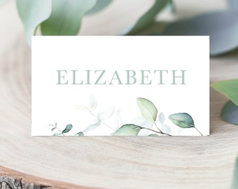 Personalised Floral Eucalyptus Folded Wedding Place Name Cards, Wedding Green Leaf Names, Rustic Leaves Design, Guest Name Cards