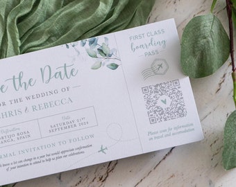 QR Code Eucalyptus Boarding Pass, Destination Wedding Save the Date, Floral Sage Green Travel Invitation, Aeroplane Ticket, Wedding Website