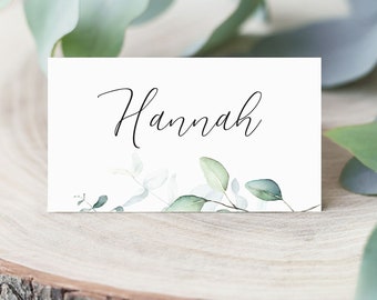 Personalised Floral Eucalyptus Folded Wedding Place Name Cards with Black Script Text, Wedding Green Leaf Names, Rustic Guest Name Cards