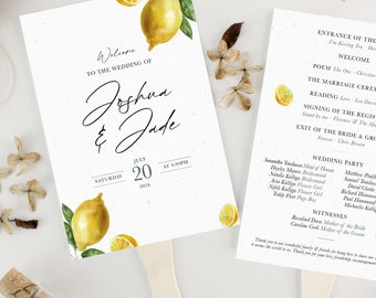 PRINTED Wedding Ceremony Fans with Lemons, Personalised Wedding Paddle Programme Cards, Order of Service Fan for Italy Destination Wedding