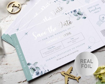 Silver FOIL Eucalyptus Boarding Pass, Wedding Foil SAVE the DATE, Floral Sage Green Travel, Aeroplane Wedding Ticket, Abroad Italy Greece