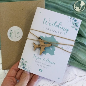 Wedding Passport Invitation, Floral Eucalyptus Sage Green Travel Invite, Wooden Aeroplane Charm, Abroad Italy Greece (Any Country Available)