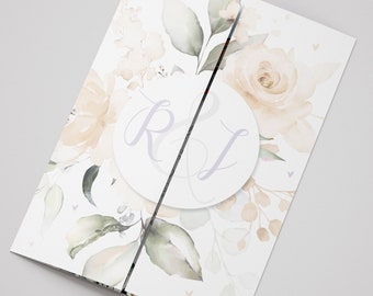 Printed Gatefold Wedding Invitation, Bespoke Watercolour Venue Painting, Lilac and Ivory Floral Roses Gate Fold Design, Folded Invite
