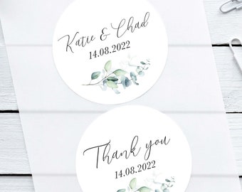 ANY TEXT Personalised Wedding Stickers, Eucalyptus with Black Script Text, Custom Wedding Day, Christening, Baby Shower Favour Stickers