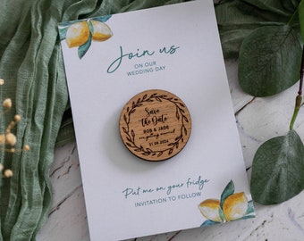 Wooden Fridge Magnet SAVE THE DATE for Wedding, with Lemon Themed A6 Backing Card, Heart Shape or Wreath, Engraved Save the Date