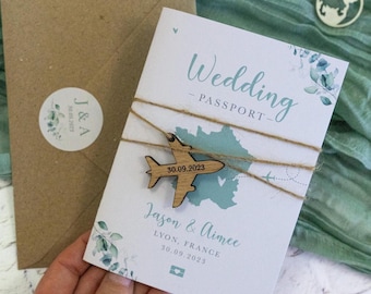 Floral Eucalyptus Destination Wedding Passport Invitation, Wood Aeroplane Charm, Sage Green