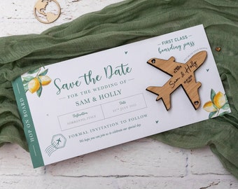 Lemon Olive Tree Magnet Boarding Pass Wedding SAVE the DATE, Wooden Plane Fridge Magnet, Travel Aeroplane Wedding Ticket for Italy Wedding