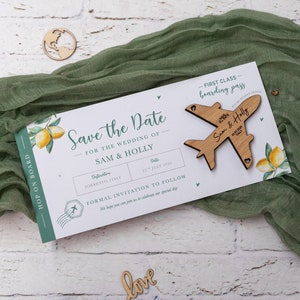 Lemon Olive Tree Magnet Boarding Pass Wedding SAVE the DATE, Wooden Plane Fridge Magnet, Travel Aeroplane Wedding Ticket for Italy Wedding image 1