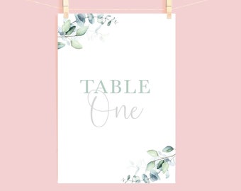 Printed A6 Table Name Cards, Green Eucalyptus Watercolour Wedding Table Names or Numbers, Floral Green Leaves for Centre Pieces